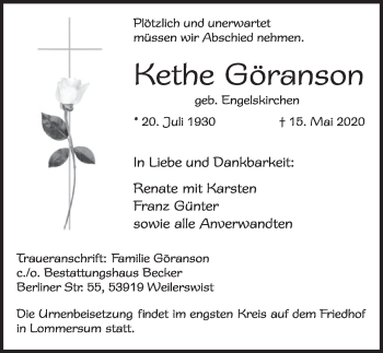 Anzeige von Kethe Göranson von  Blickpunkt Euskirchen 