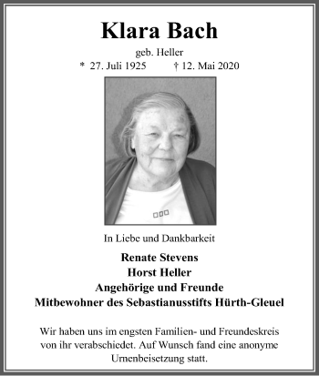 Anzeige von Klara Bach von Kölner Stadt-Anzeiger / Kölnische Rundschau / Express