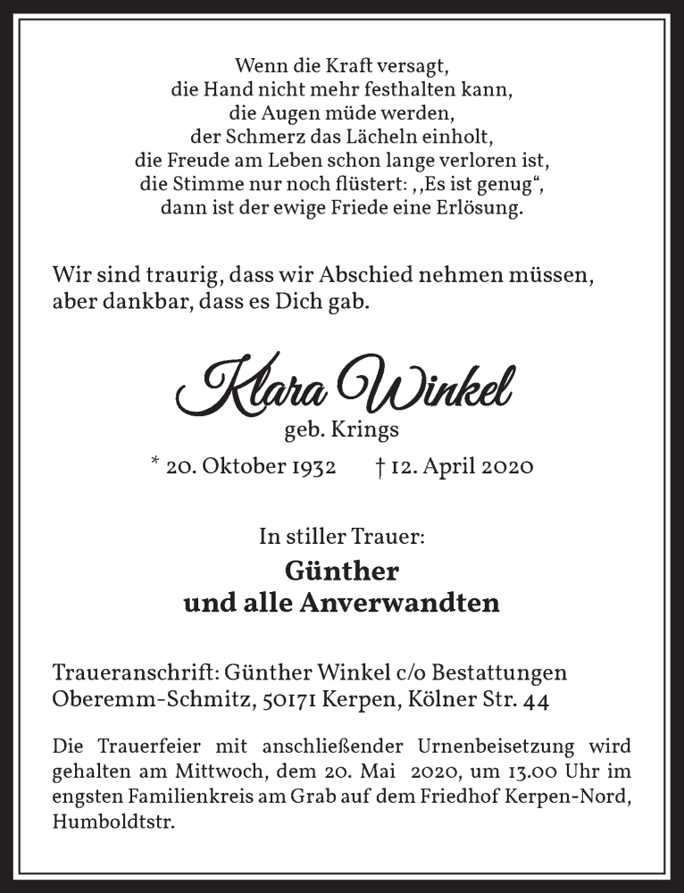  Traueranzeige für Klara Winkel vom 15.05.2020 aus  Werbepost 