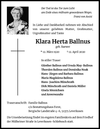 Anzeige von Klara Herta Ballnus von Kölner Stadt-Anzeiger / Kölnische Rundschau / Express