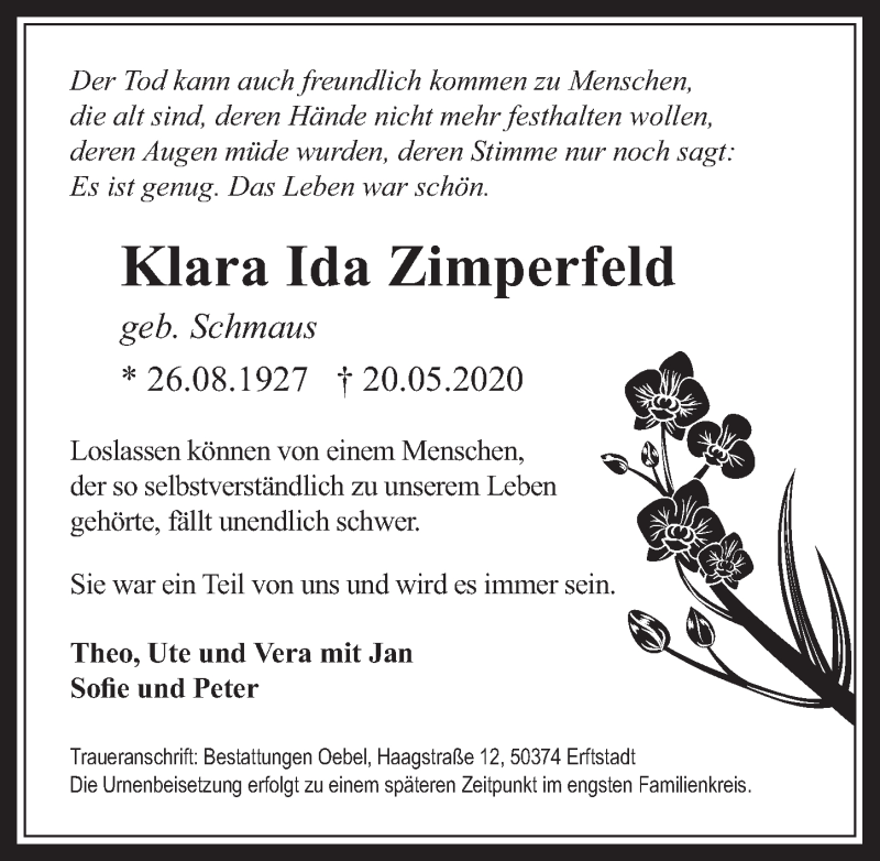  Traueranzeige für Klara Ida Zimperfeld vom 29.05.2020 aus  Werbepost 