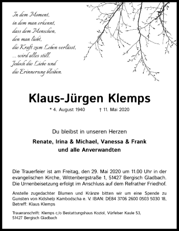 Anzeige von Klaus-Jürgen Klemps von Kölner Stadt-Anzeiger / Kölnische Rundschau / Express