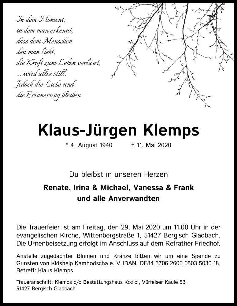  Traueranzeige für Klaus-Jürgen Klemps vom 23.05.2020 aus Kölner Stadt-Anzeiger / Kölnische Rundschau / Express