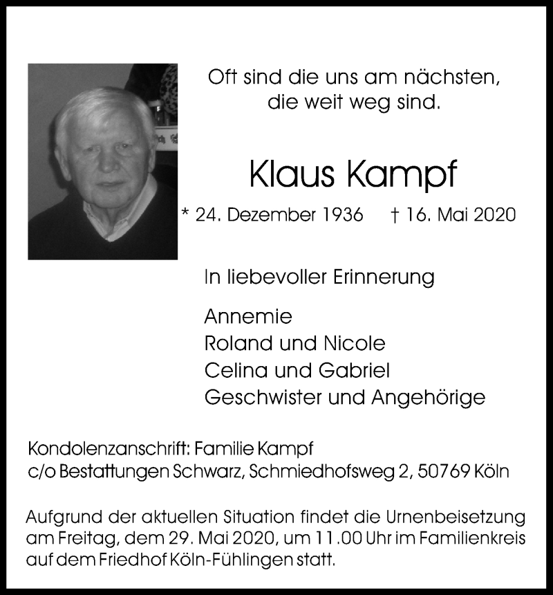  Traueranzeige für Klaus Kampf vom 23.05.2020 aus Kölner Stadt-Anzeiger / Kölnische Rundschau / Express