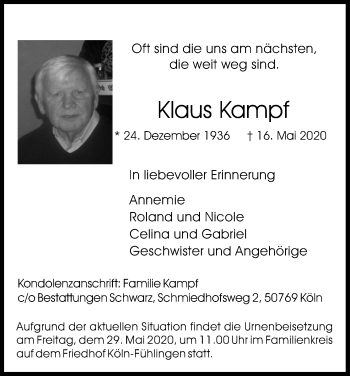Anzeige von Klaus Kampf von Kölner Stadt-Anzeiger / Kölnische Rundschau / Express