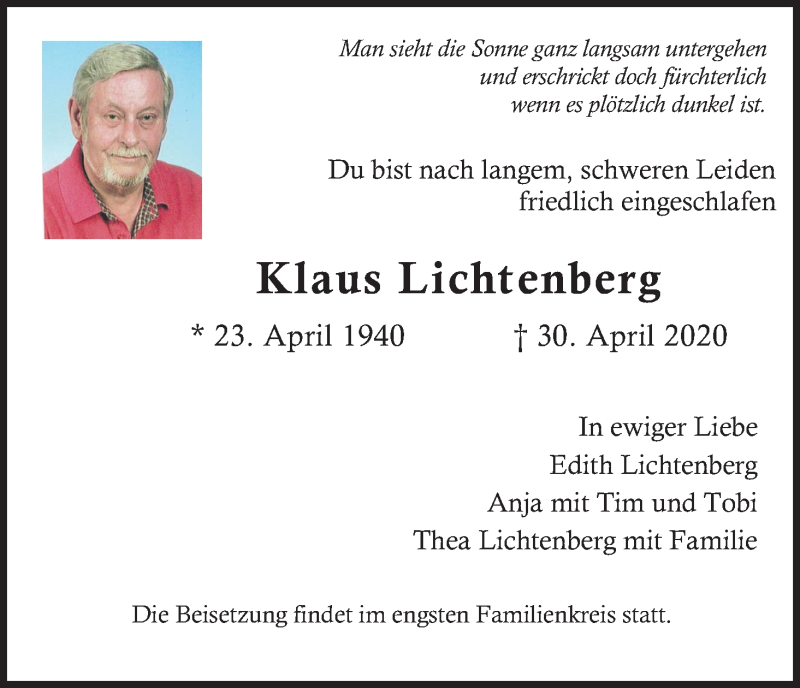  Traueranzeige für Klaus Lichtenberg vom 09.05.2020 aus Kölner Stadt-Anzeiger / Kölnische Rundschau / Express
