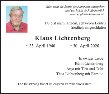 Anzeige von Klaus Lichtenberg von Kölner Stadt-Anzeiger / Kölnische Rundschau / Express