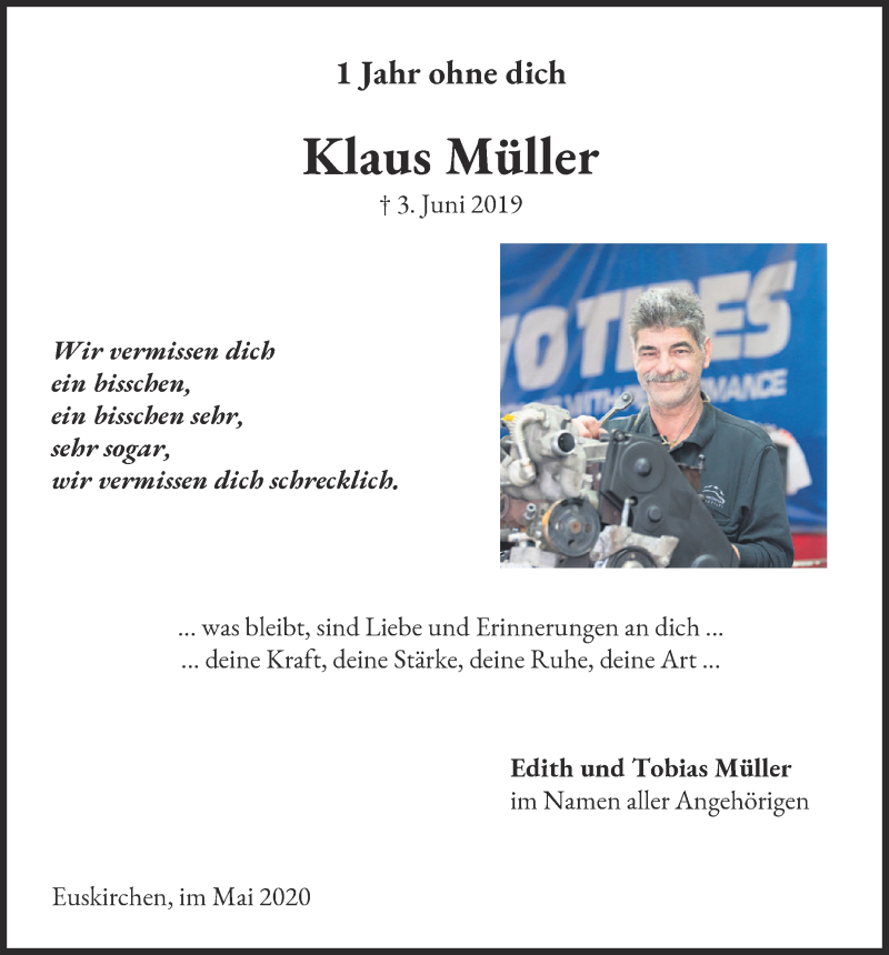  Traueranzeige für Klaus Müller vom 30.05.2020 aus  Blickpunkt Euskirchen 