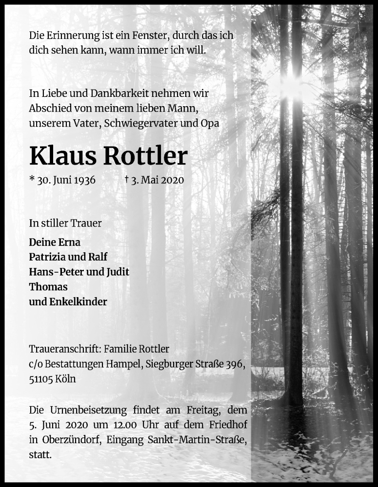  Traueranzeige für Klaus Rottler vom 23.05.2020 aus Kölner Stadt-Anzeiger / Kölnische Rundschau / Express