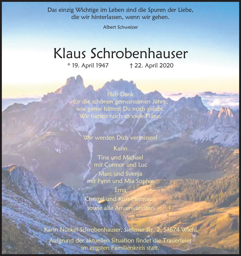  Traueranzeige für Klaus Schrobenhauser vom 02.05.2020 aus Kölner Stadt-Anzeiger / Kölnische Rundschau / Express