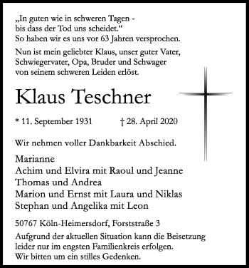 Anzeige von Klaus Teschner von Kölner Stadt-Anzeiger / Kölnische Rundschau / Express