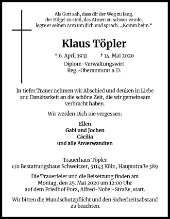 Anzeige von Klaus Töpler von Kölner Stadt-Anzeiger / Kölnische Rundschau / Express