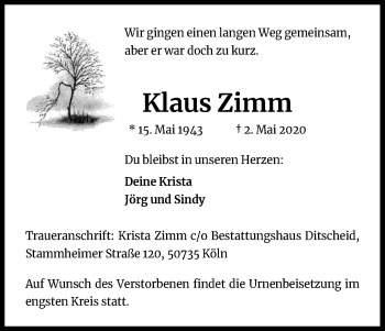 Anzeige von Klaus Zimm von Kölner Stadt-Anzeiger / Kölnische Rundschau / Express