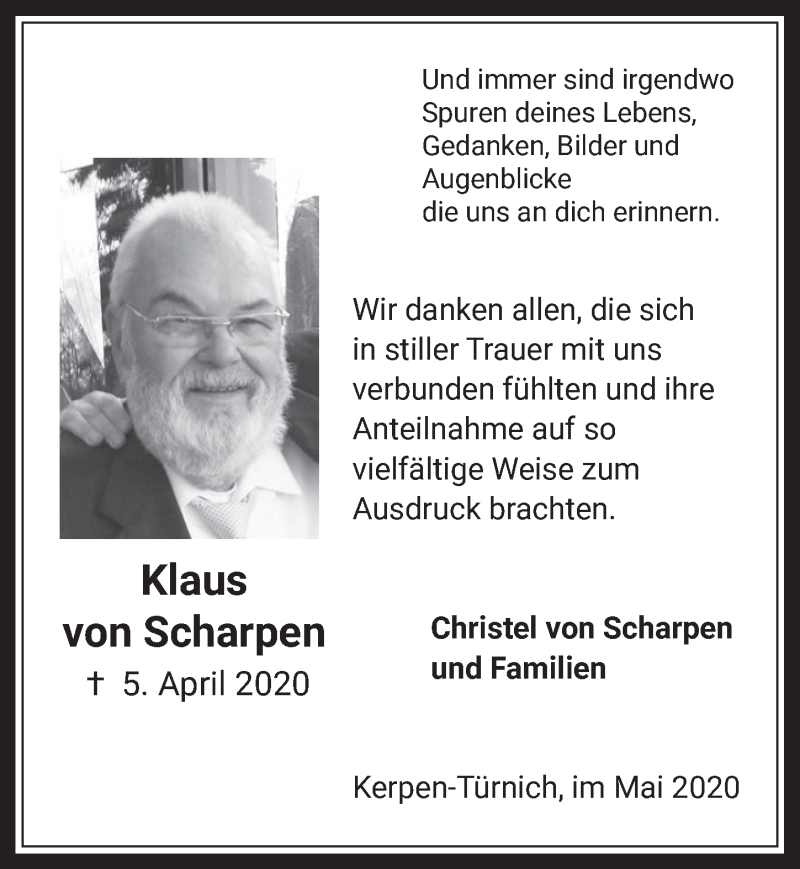  Traueranzeige für Klaus von Scharpen vom 22.05.2020 aus  Werbepost 