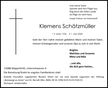 Anzeige von Klemens Schätzmüller von Kölner Stadt-Anzeiger / Kölnische Rundschau / Express