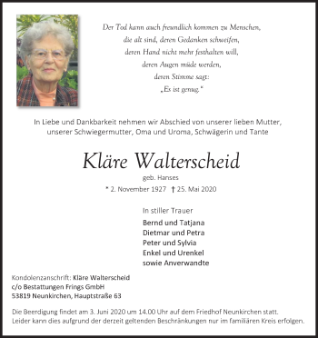 Anzeige von Kläre Walterscheid von Kölner Stadt-Anzeiger / Kölnische Rundschau / Express