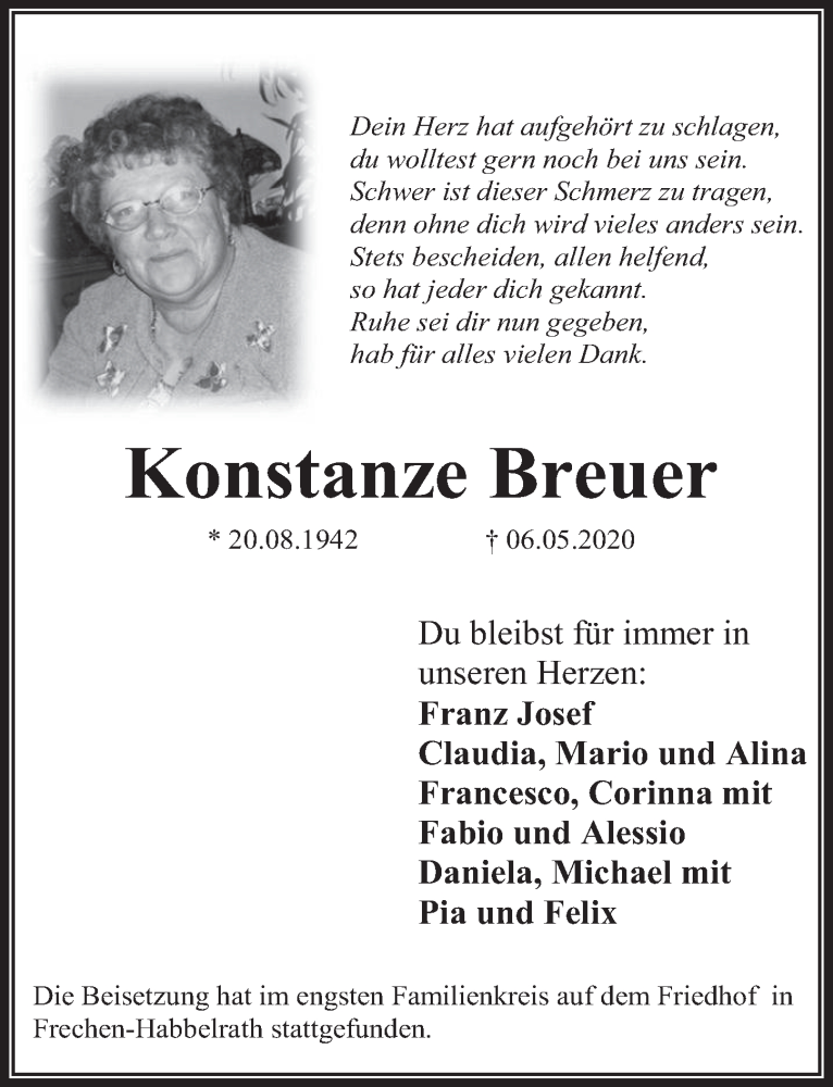  Traueranzeige für Konstanze Breuer vom 15.05.2020 aus  Wochenende 