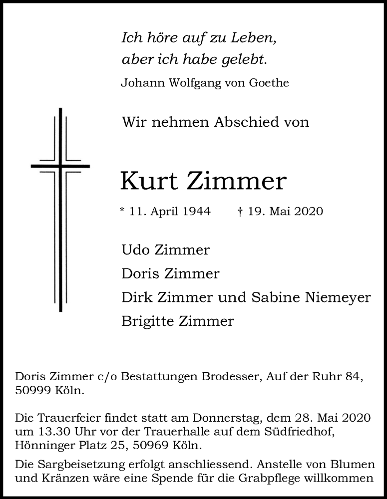  Traueranzeige für Kurt Zimmer vom 27.05.2020 aus Kölner Stadt-Anzeiger / Kölnische Rundschau / Express