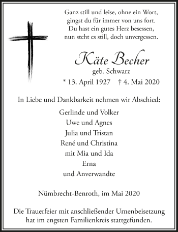 Anzeige von Käte Becher von  Lokalanzeiger 