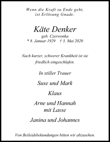 Anzeige von Käte Denker von Kölner Stadt-Anzeiger / Kölnische Rundschau / Express