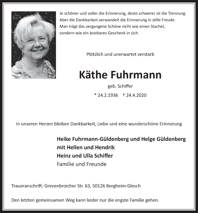  Traueranzeige für Käthe Fuhrmann vom 08.05.2020 aus  Werbepost 