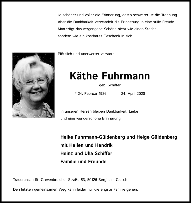 Traueranzeige für Käthe Fuhrmann vom 02.05.2020 aus Kölner Stadt-Anzeiger / Kölnische Rundschau / Express