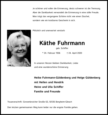 Anzeige von Käthe Fuhrmann von Kölner Stadt-Anzeiger / Kölnische Rundschau / Express