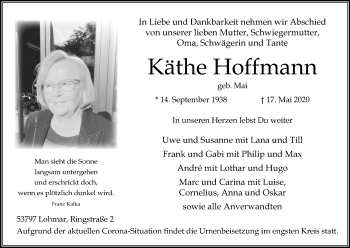 Anzeige von Käthe Hoffmann von Kölner Stadt-Anzeiger / Kölnische Rundschau / Express