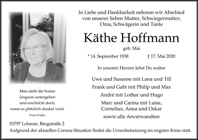  Traueranzeige für Käthe Hoffmann vom 30.05.2020 aus Kölner Stadt-Anzeiger / Kölnische Rundschau / Express