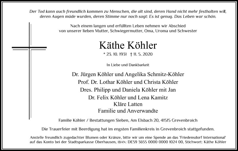  Traueranzeige für Käthe Köhler vom 16.05.2020 aus Kölner Stadt-Anzeiger / Kölnische Rundschau / Express