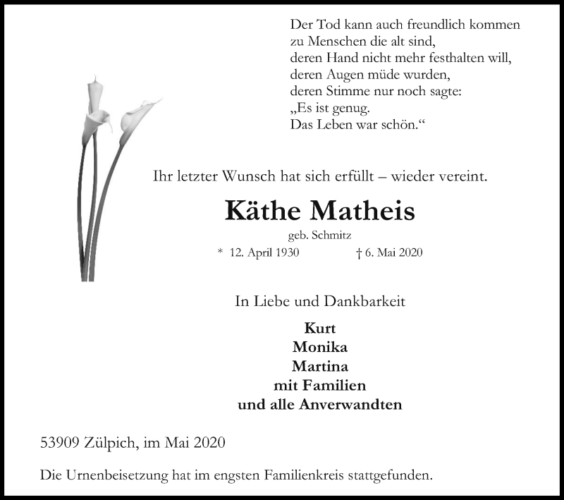  Traueranzeige für Käthe Matheis vom 16.05.2020 aus Kölner Stadt-Anzeiger / Kölnische Rundschau / Express