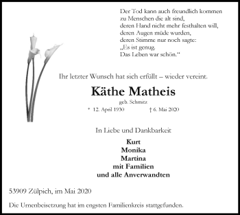 Anzeige von Käthe Matheis von  Blickpunkt Euskirchen 