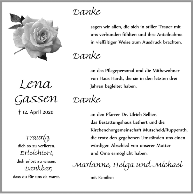  Traueranzeige für Lena Gassen vom 09.05.2020 aus  Blickpunkt Euskirchen 