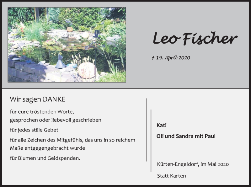  Traueranzeige für Leo Fischer vom 16.05.2020 aus Kölner Stadt-Anzeiger / Kölnische Rundschau / Express
