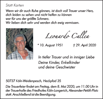 Anzeige von Leonardo Callea von Kölner Stadt-Anzeiger / Kölnische Rundschau / Express