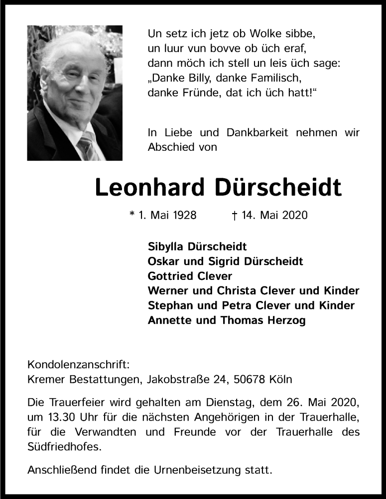  Traueranzeige für Leonhard Dürscheidt vom 20.05.2020 aus Kölner Stadt-Anzeiger / Kölnische Rundschau / Express