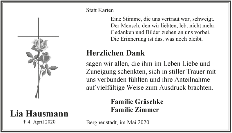  Traueranzeige für Lia Hausmann vom 15.05.2020 aus  Anzeigen Echo 