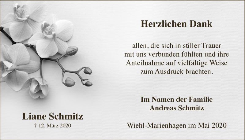  Traueranzeige für Liane Schmitz vom 08.05.2020 aus  Anzeigen Echo 