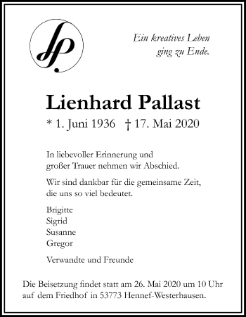 Anzeige von Lienhard Pallast von Kölner Stadt-Anzeiger / Kölnische Rundschau / Express