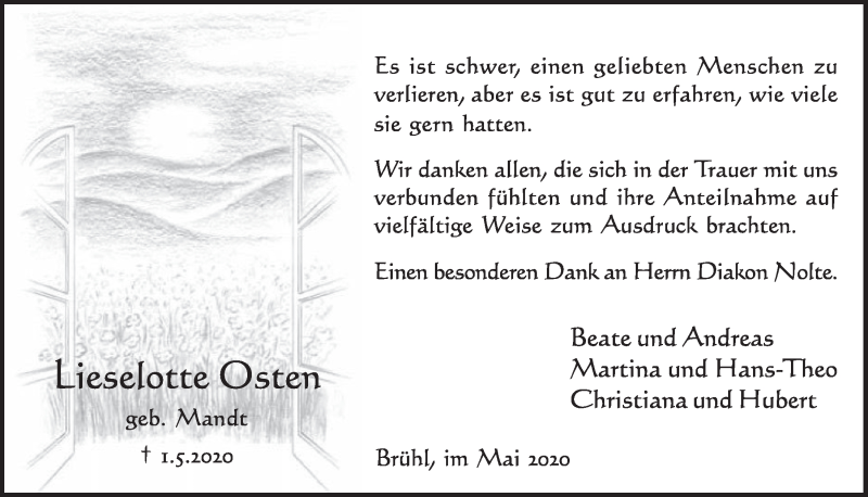  Traueranzeige für Lieselotte Osten vom 29.05.2020 aus  Schlossbote/Werbekurier 