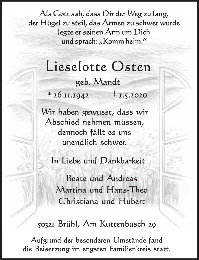  Traueranzeige für Lieselotte Osten vom 08.05.2020 aus  Schlossbote/Werbekurier 
