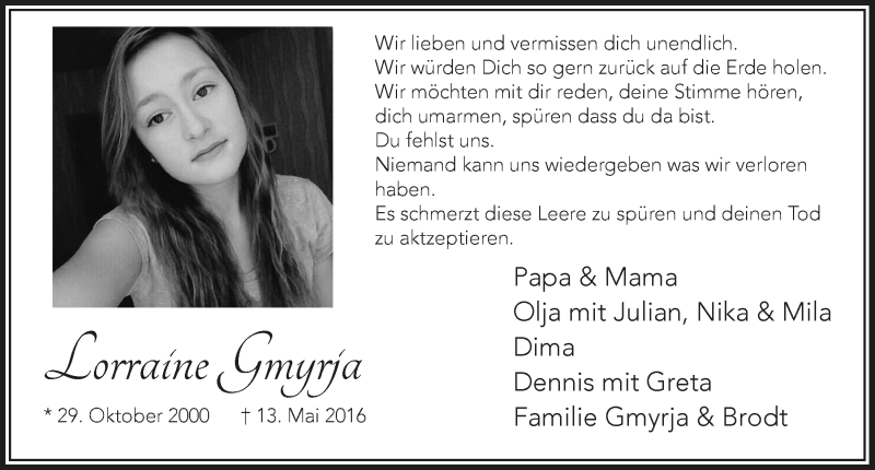  Traueranzeige für Lorraine Gmyrja vom 15.05.2020 aus  Lokalanzeiger 