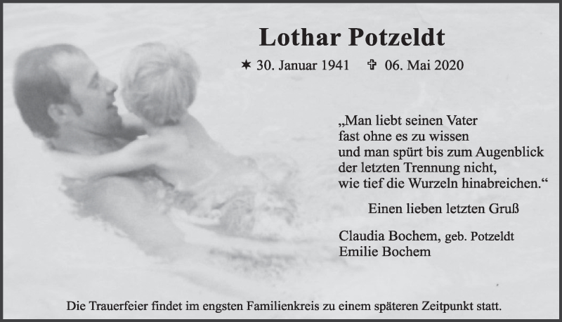  Traueranzeige für Lothar Potzeldt vom 15.05.2020 aus  Schaufenster/Blickpunkt  Schlossbote/Werbekurier 