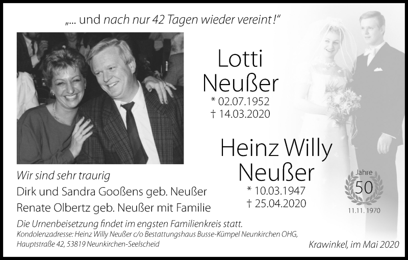  Traueranzeige für Lotti Neußer vom 06.05.2020 aus Kölner Stadt-Anzeiger / Kölnische Rundschau / Express