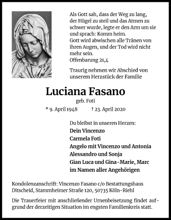 Anzeige von Luciana Fasano von Kölner Stadt-Anzeiger / Kölnische Rundschau / Express