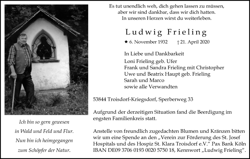  Traueranzeige für Ludwig Frieling vom 02.05.2020 aus Kölner Stadt-Anzeiger / Kölnische Rundschau / Express