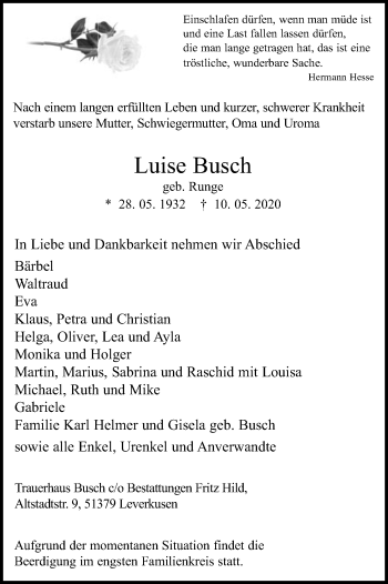 Anzeige von Luise Busch von Kölner Stadt-Anzeiger / Kölnische Rundschau / Express