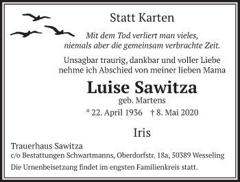 Anzeige von Luise Sawitza von  Schlossbote/Werbekurier 