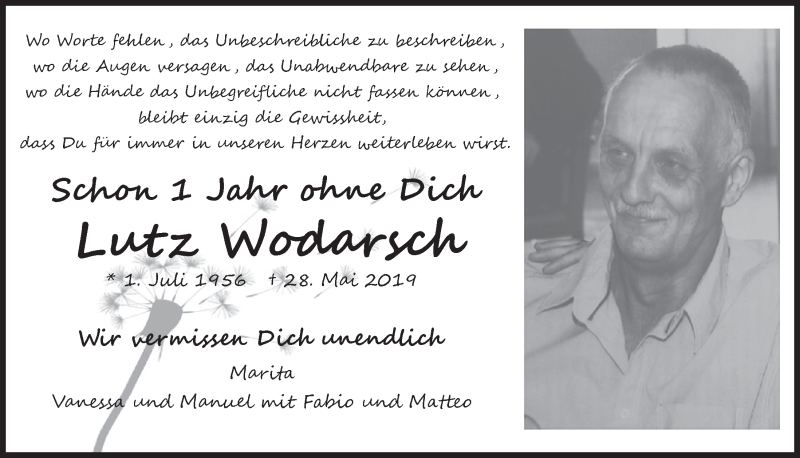  Traueranzeige für Lutz Wodarsch vom 30.05.2020 aus  Blickpunkt Euskirchen 