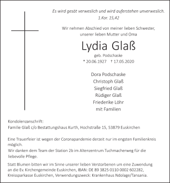 Anzeige von Lydia Glaß von  Blickpunkt Euskirchen 